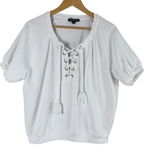 J.Crew University Terry Short-Sleeve‎ Lace-Up Cotton Top in White, Size Small - Picture 2 of 8